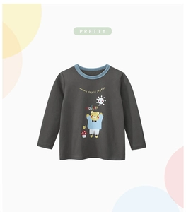 Detail of charcoal grey kids long sleeve t-shirt with cartoon tiger and blue neckline