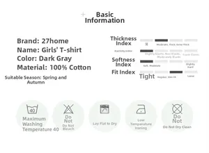 Detailed size chart for girls 100% cotton long sleeve tee showing fabric specs and care icons