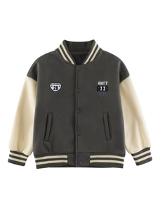 Kids Casual Varsity Jacket Fleece Lined Cotton Blend Color Block Embroidery Baseball Uniform Coat For Boys Girls Outerwear