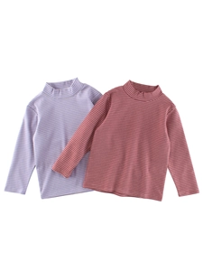 Camiseta a Rayas para Niñas Manga Larga Cuello Alto Mezcla de Algodón Transpirable Top para Otoño Primavera