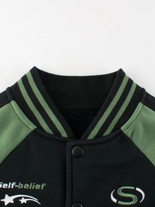 Kids black and olive green varsity jacket with S letter embroidery and ribbed collar