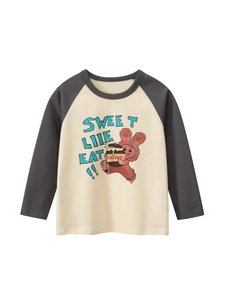 Girls Long Sleeve T-Shirt Cotton Raglan Contrast Color Cartoon Bear Graphic Casual Round Neck Top Korean Style