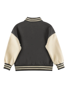 Classic back view of a color-block varsity jacket for kids with striped ribbed cuffs