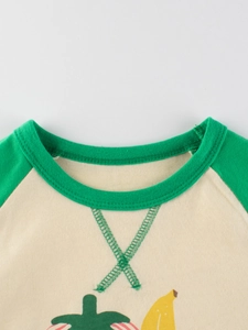 Toddler girl long sleeve cotton T-shirt with green ribbed crewneck and fruit print