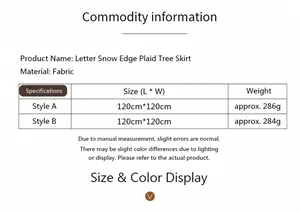 Detailed size chart for Christmas tree skirt showing dimensions and weight in a table
