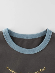 Kids long sleeve dark grey cotton T-shirt with blue ribbed crew neck and print