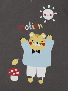 Kids long sleeve dark grey cotton T-shirt featuring cute cartoon tiger and sun print