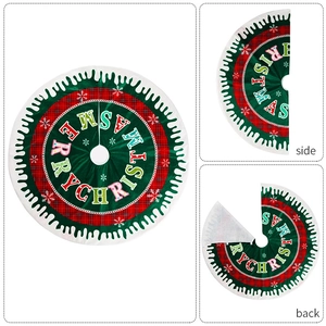 Detail showing side and back view of a red and green Merry Christmas tree skirt