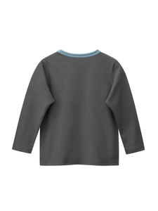 Classic charcoal grey long sleeve cotton T-shirt for girls with blue ribbed crew neck detail