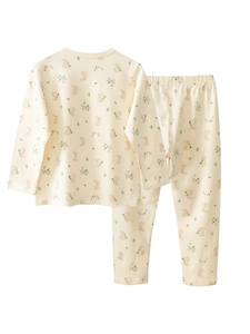 Pijama infantil de manga larga con estampado de conejo en suave algodón beige