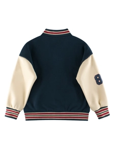 Kids navy and cream varsity jacket with number 8 embroidery, back view on white background