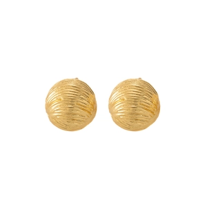 Detail of gold ball stud earrings featuring intricate woven texture and high-polish finish