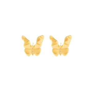 Golden butterfly stud earrings with small zircon stones on a white background