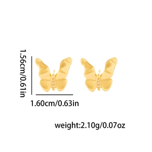 Detailed view of golden butterfly stud earrings with dimensions 1.56cm and 1.60cm