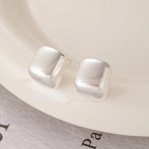 Détail macro de boucles d'oreilles cubes argentées brossées sur une assiette en céramique