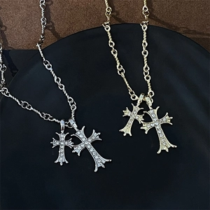 Gothic Cross Pendant Necklace Layered Cross Alloy Rhinestone Retro Long Sweater Chain For Women Spicy Girl Style