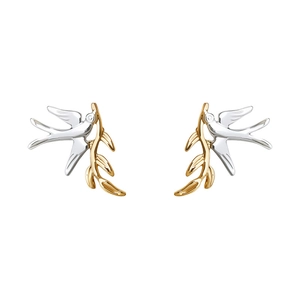 Two-tone swallow with olive branch earrings in silver and gold metal finish