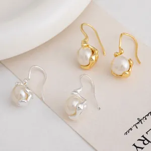 Artificial Pearl Drop Hook Earrings Irregular Molten Lava Brass Metal Geometric Vintage Minimalist Elegant Jewelry Women