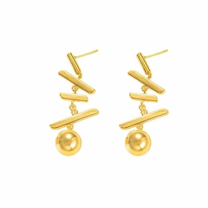 Boucles d'oreilles pendantes dorées avec barres polies et sphère géométrique
