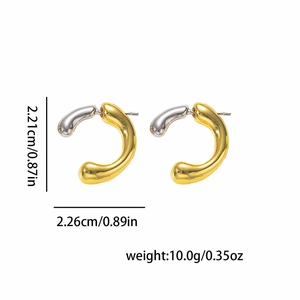 Two-tone C-shape twisted metal hoop earrings in gold and silver finish with dimensions