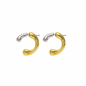 Minimalist C-shaped earrings with two-tone gold and silver liquid metal finish