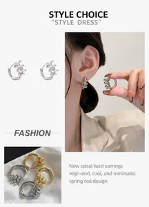 Detailed views of French style spiral knot hoop earrings in polished gold and silver
