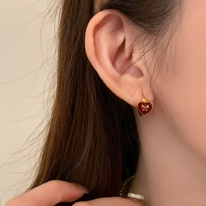 Brass Heart Shaped Hoop Earrings With Enamel Drip Oil Bow Knot Decor Retro Elegant Jewelry For Women