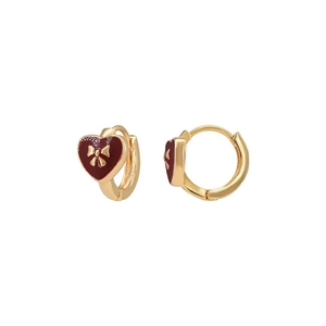 Elegant gold-plated heart hoop earrings with red enamel and 3D bow detailing