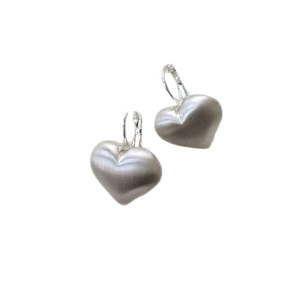 Brushed silver heart-shaped dangle earrings with French lever-back hooks for women