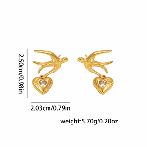 Golden swallow and hammered heart stud earrings with sparkling zircon accents