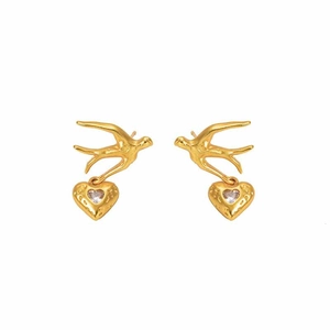 Golden swallow earrings with textured heart pendant and sparkling zircon stone