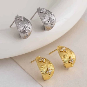 Zircon Copper C Shaped Stud Earrings Women Brushed Texture Star Inlay Gold Tone Simple Fashion Jewelry Accessory