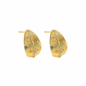 Elegant gold C-shaped earrings with vertical texture and zircon-studded star charms