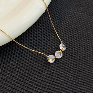 Elegant Copper Zircon Necklace Round Clear Stones Micro Pave Clavicle Chain Minimalist High Polish Jewelry For Women Gift