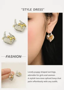 Detail of two-tone heart puppy earrings with matte silver base and golden dog motif