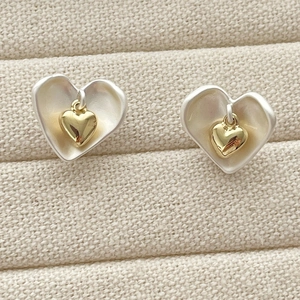 Boucles D'oreilles Puces Cœur Laiton Double Couche Couleur Contrastée Or Et Blanc Texture Brossée Bijou Cadeau Pour Femmes