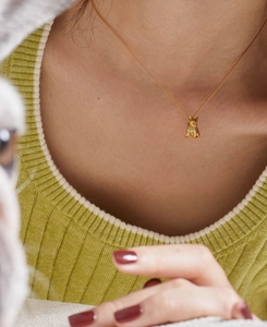 Gros plan d'un collier pendentif bouledogue français doré porté sur un pull tricoté