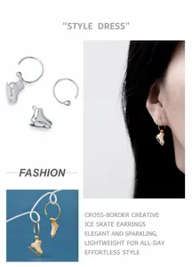 Detailed view of creative ice skate drop earrings with sparkling crystals in gold and silver