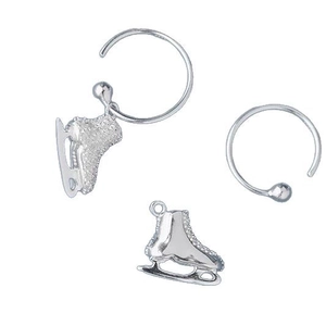 Sparkling silver ice skate charm earrings set with intricate glitter texture on white background