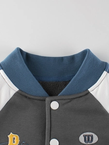Kids baseball jacket in grey and white with fleece lining and embroidered letter patches