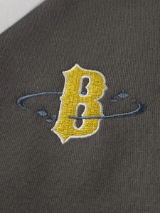Kids grey baseball jacket featuring detailed yellow varsity B embroidery and warm fleece lining