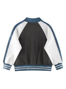 Kids colorblock baseball jacket featuring a black back and white sleeves in sporty style