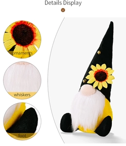 Detailed close-up of sunflower ornaments and plush whiskers on the gnome decoration