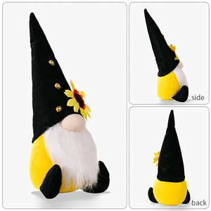 Front, side, and back views of a sunflower bee gnome plush for harvest festival