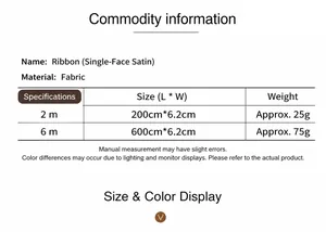 Size chart for Independence Day fabric ribbons showing 2m and 6m length specifications