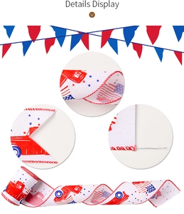 Detail of USA Independence Day ribbon with red truck and flag prints for holiday decor