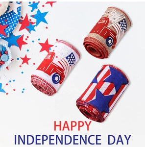 Three rolls of Independence Day ribbons featuring vintage American flag truck and stars