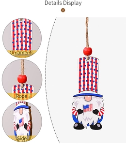 Detail view of patriotic gnome wood ornaments with US flag stars and stripes patterns
