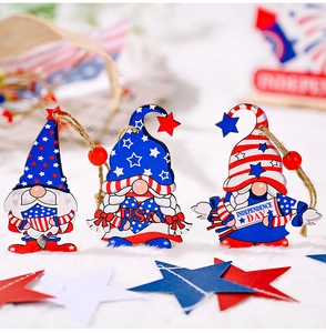 Three USA Independence Day wooden gnome hanging decorations with star-spangled patterns