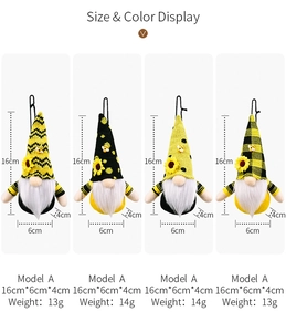 Détails des gnomes en peluche thème abeille avec tournesols, bonnets et dimensions